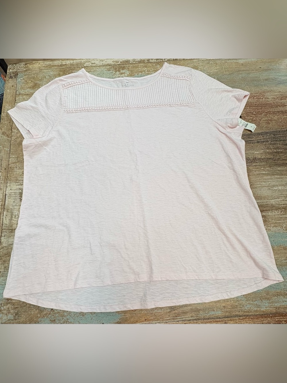 Talbots Pale Pink Short Sleeve Knit Top with Textured Yoke